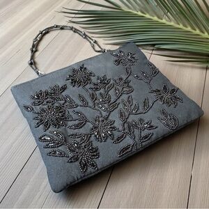 BEBE Black Beaded Evening Purse – Floral Shoulder Bag